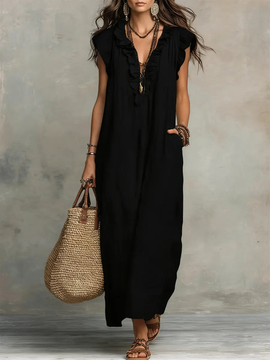 Ruffle V-Neck Flutter Sleeve Pocket Maxi Dress