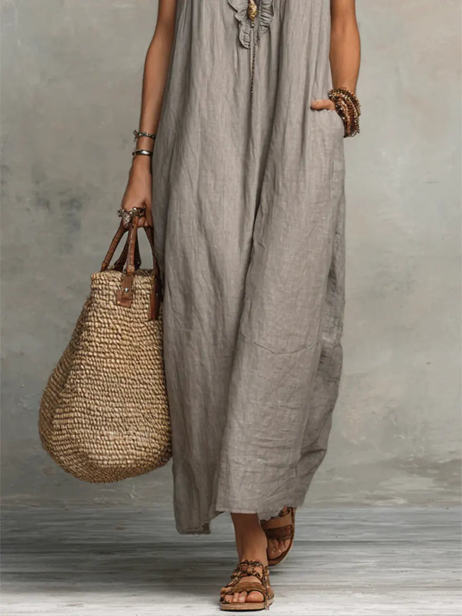 Ruffle V-Neck Flutter Sleeve Pocket Maxi Dress