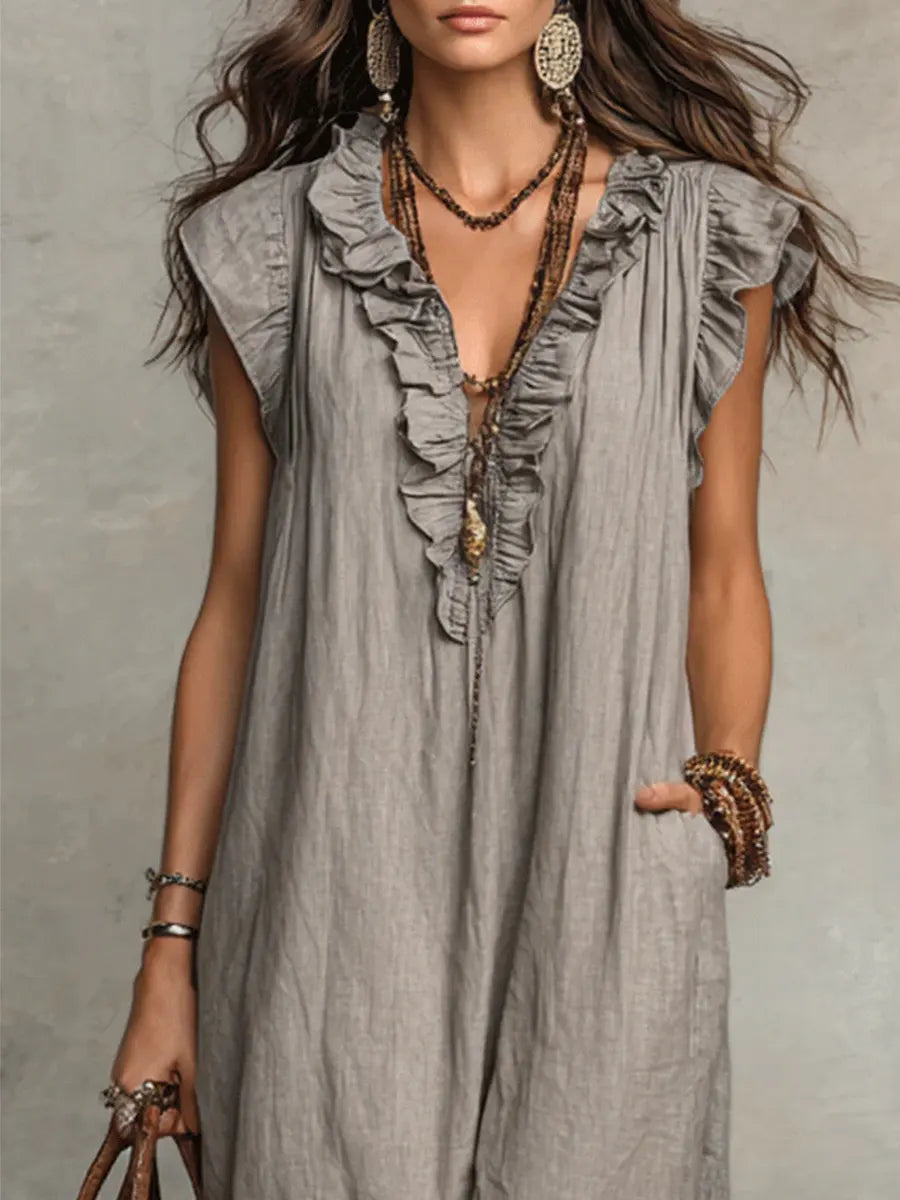 Ruffle V-Neck Flutter Sleeve Pocket Maxi Dress