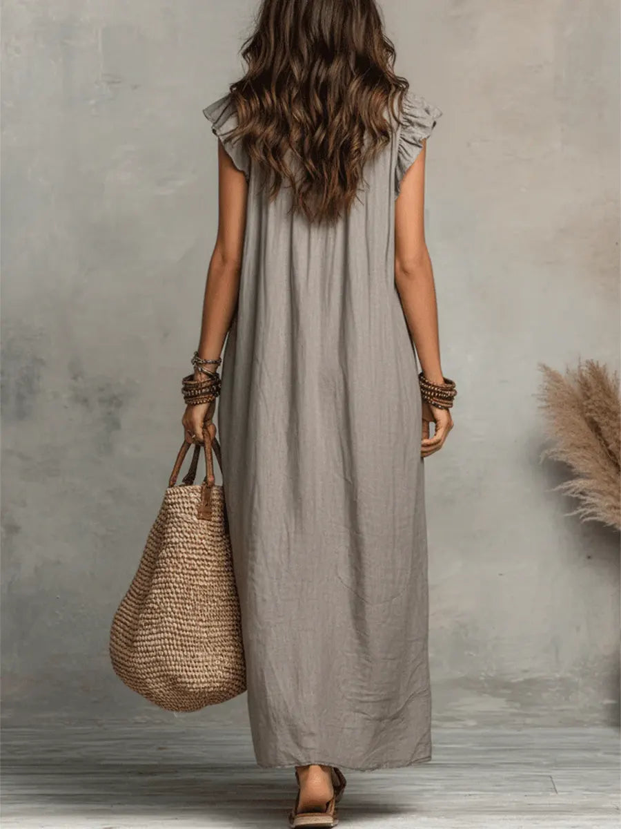 Ruffle V-Neck Flutter Sleeve Pocket Maxi Dress