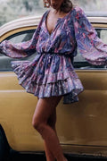 Purple Floral Elastic Waist Long Sleeve Mini Boho Dress