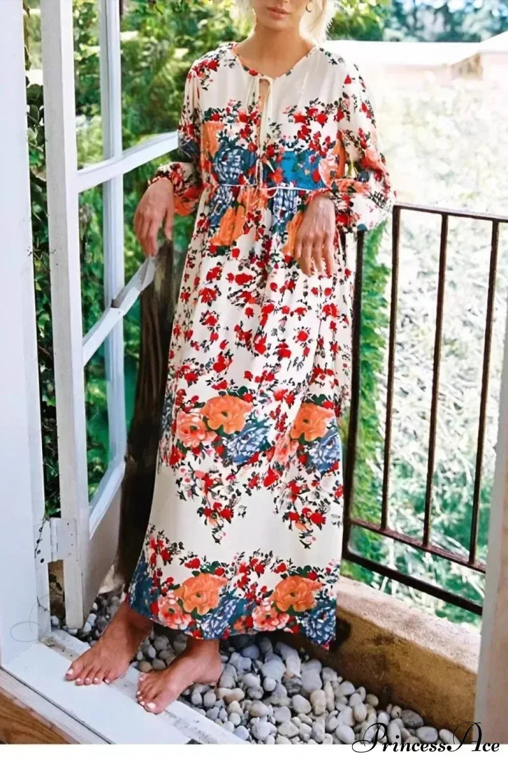 Purple Floral Lace-up V-neck Rayon Maxi Boho Dress