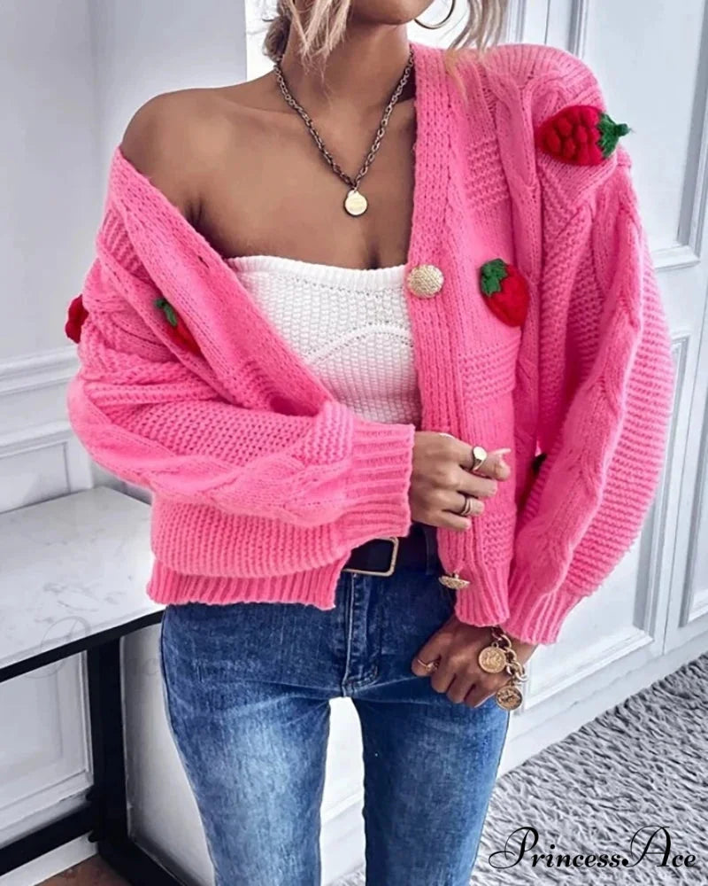 Red Berry Pattern Baggy Knitted Cardigan