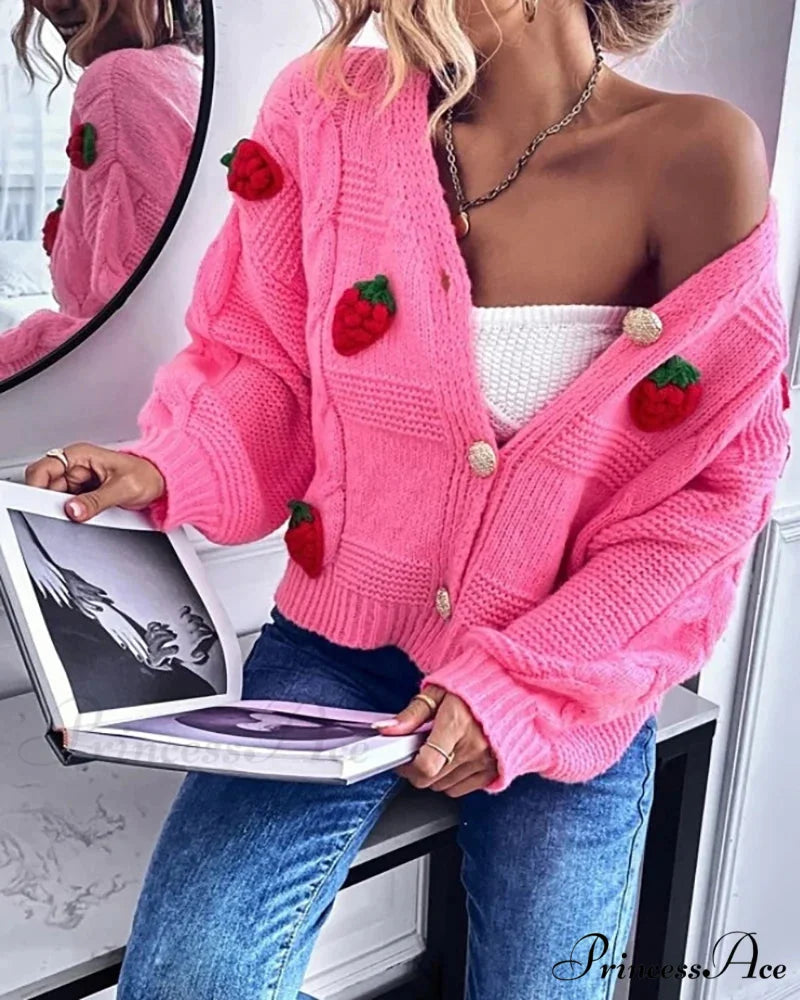 Red Berry Pattern Baggy Knitted Cardigan