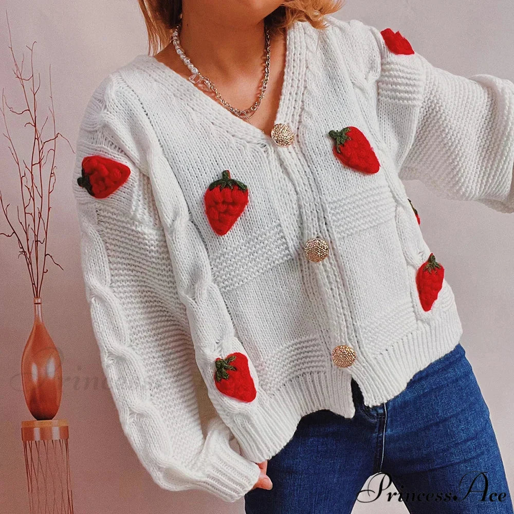 Red Berry Pattern Baggy Knitted Cardigan