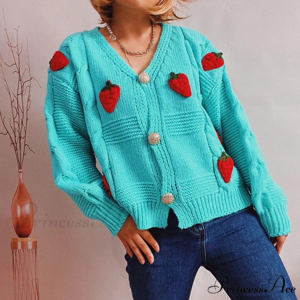 Red Berry Pattern Baggy Knitted Cardigan