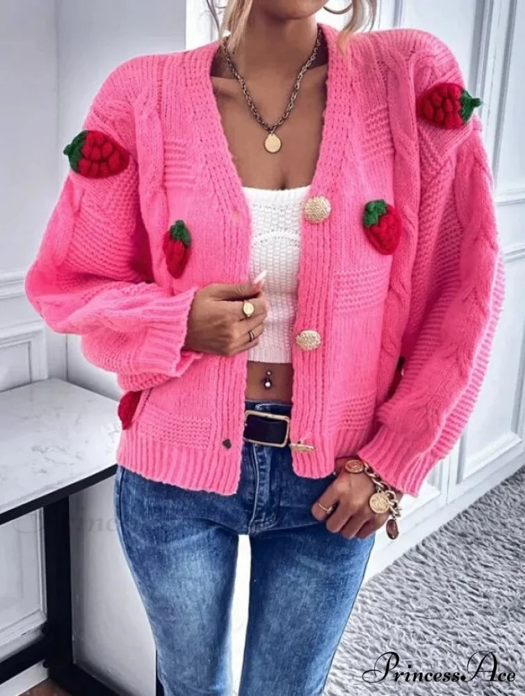 Red Berry Pattern Baggy Knitted Cardigan