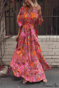 Red Floral Batwing Sleeve Rayon Cotton Maxi Boho Dress
