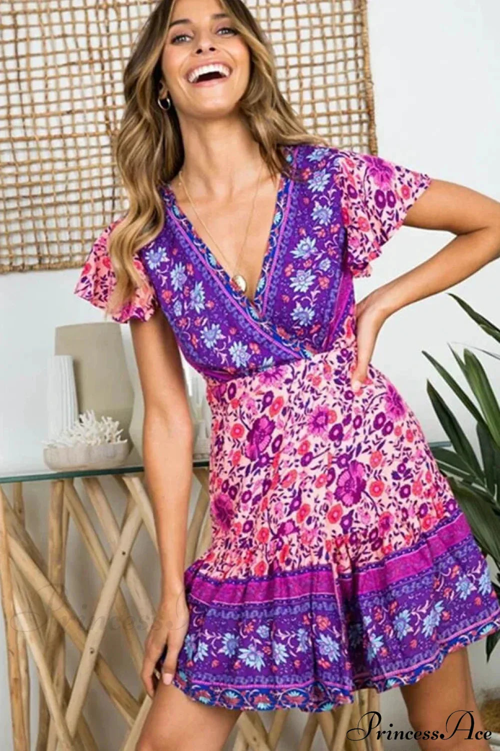 Red Floral Print Short Sleeve Rayon Summer Wrap Mini Boho Dress