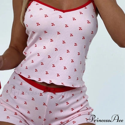 Red Print Sleeveless V Neck Cami Crop Top Shorts Two Pieces Set