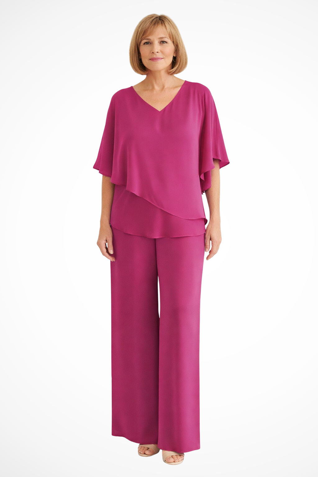 Cape Overlay V Neck Batwing Top Wide Leg Pant Two Piece Set