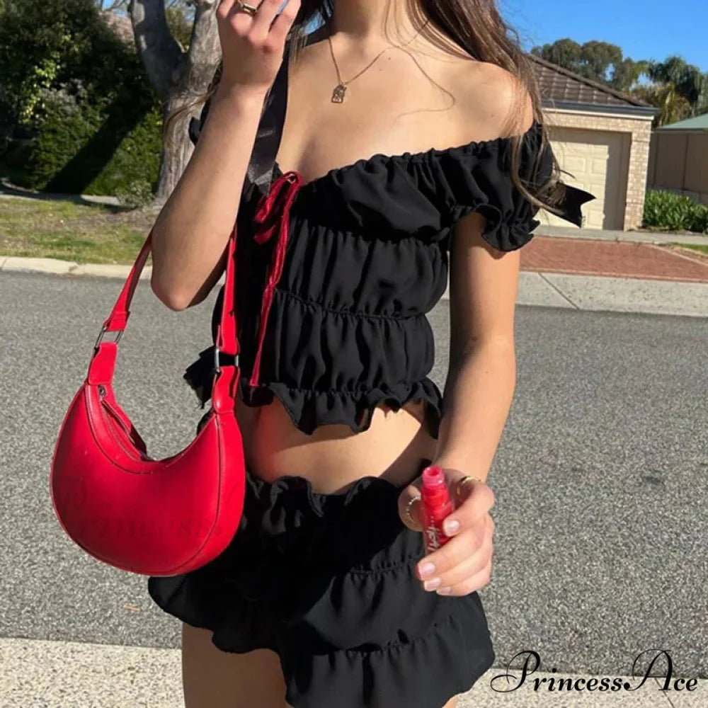 Retro 2 Piece Set Adorable Bow V Neck Gathered Crop Tops + Mini Pencil Fairycore Cottage T-shirt Y2K Kawaii Sweet Outfits Women