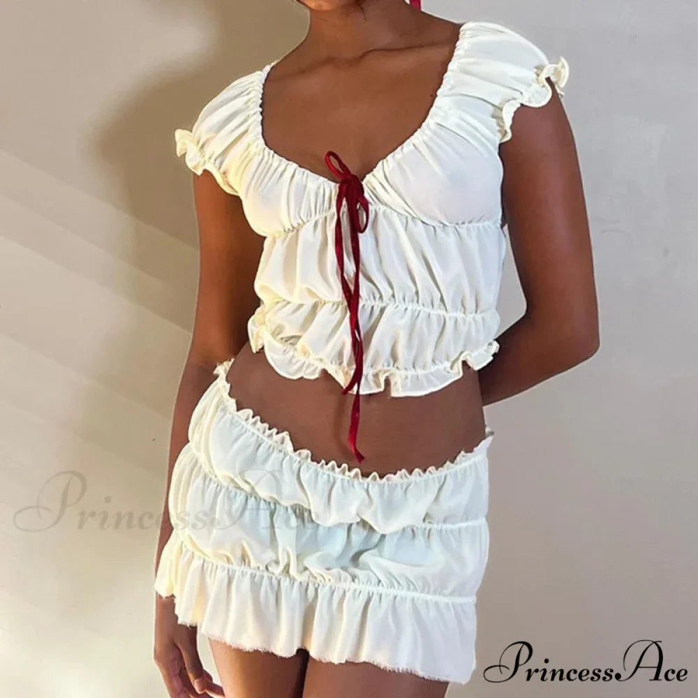 Retro 2 Piece Set Adorable Bow V Neck Gathered Crop Tops + Mini Pencil Fairycore Cottage T-shirt Y2K Kawaii Sweet Outfits Women