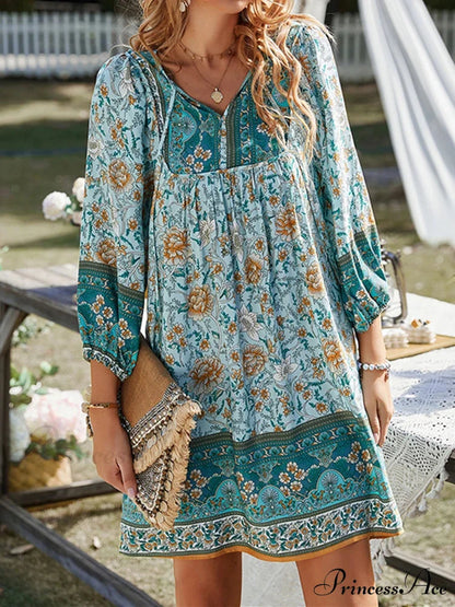 Retro Flower Pattern Bohemian Flare Dress