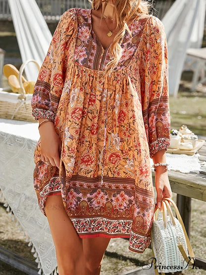 Retro Flower Pattern Bohemian Flare Dress