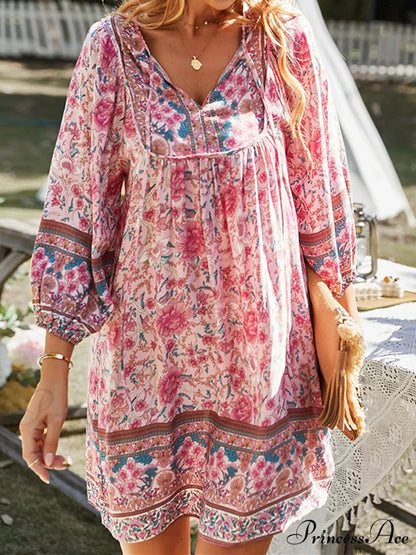 Retro Flower Pattern Bohemian Flare Dress