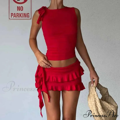 Retro Frilled Edge Tie Up Crop Top + Gathered Tiered Frills Mini Skirt Coquette 2 Piece Set Women Club Party Streetwear Outfits