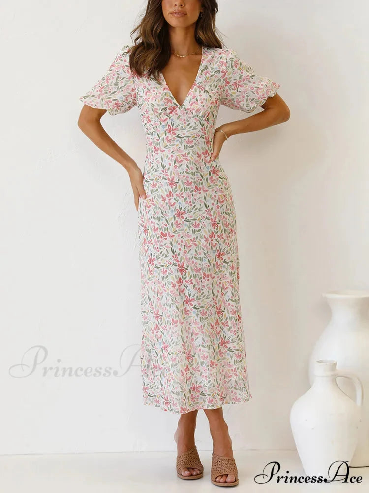 Retro V-neck Open-back Floral Dress