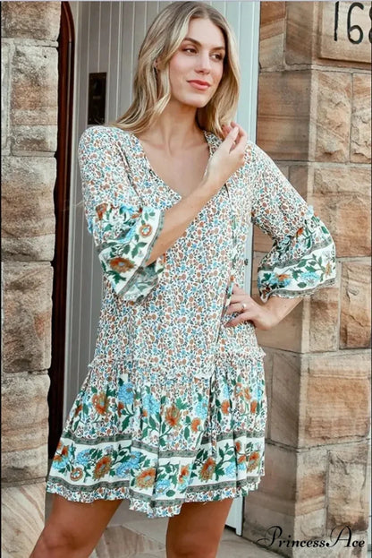 Rope Neck Frills Botanical Pattern Rayon Summer Mini Getaway Boho Dress