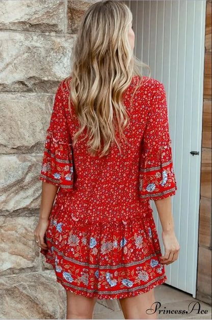 Rope Neck Frills Botanical Pattern Rayon Summer Mini Getaway Boho Dress