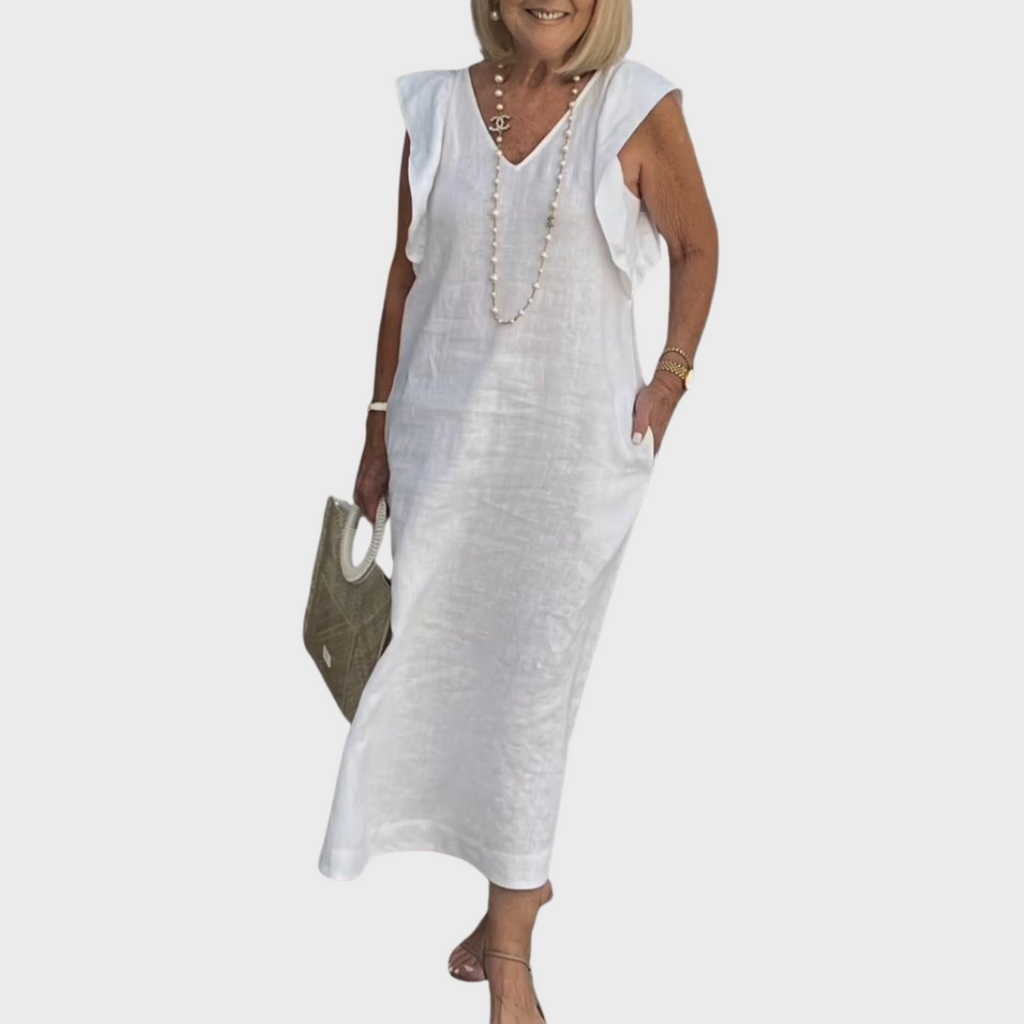 Ruffle Shoulder V Neck Pocket Sleeveless Linen Maxi Dress