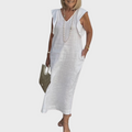 Ruffle Shoulder V Neck Pocket Sleeveless Linen Maxi Dress