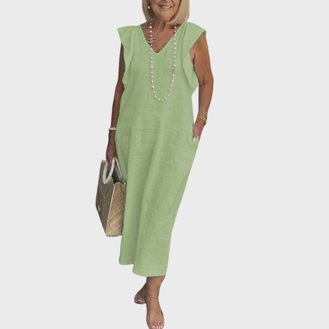 Ruffle Shoulder V Neck Pocket Sleeveless Linen Maxi Dress