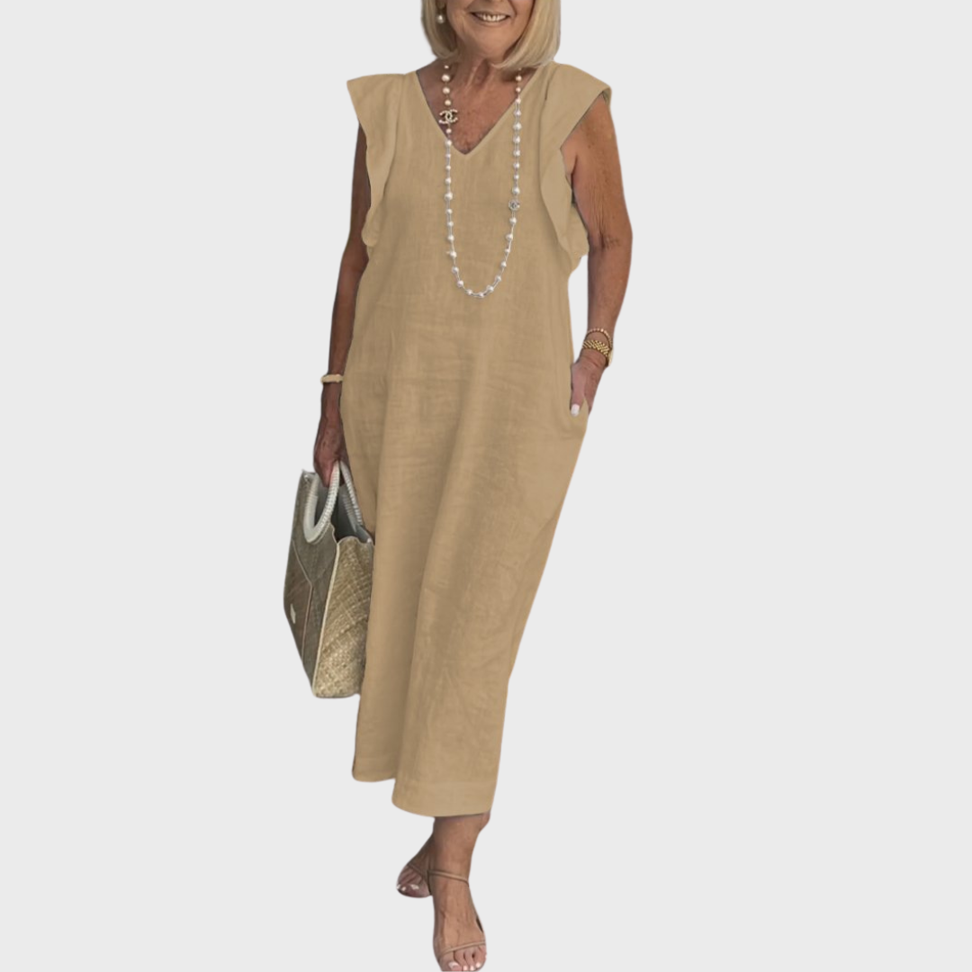 Ruffle Shoulder V Neck Pocket Sleeveless Linen Maxi Dress