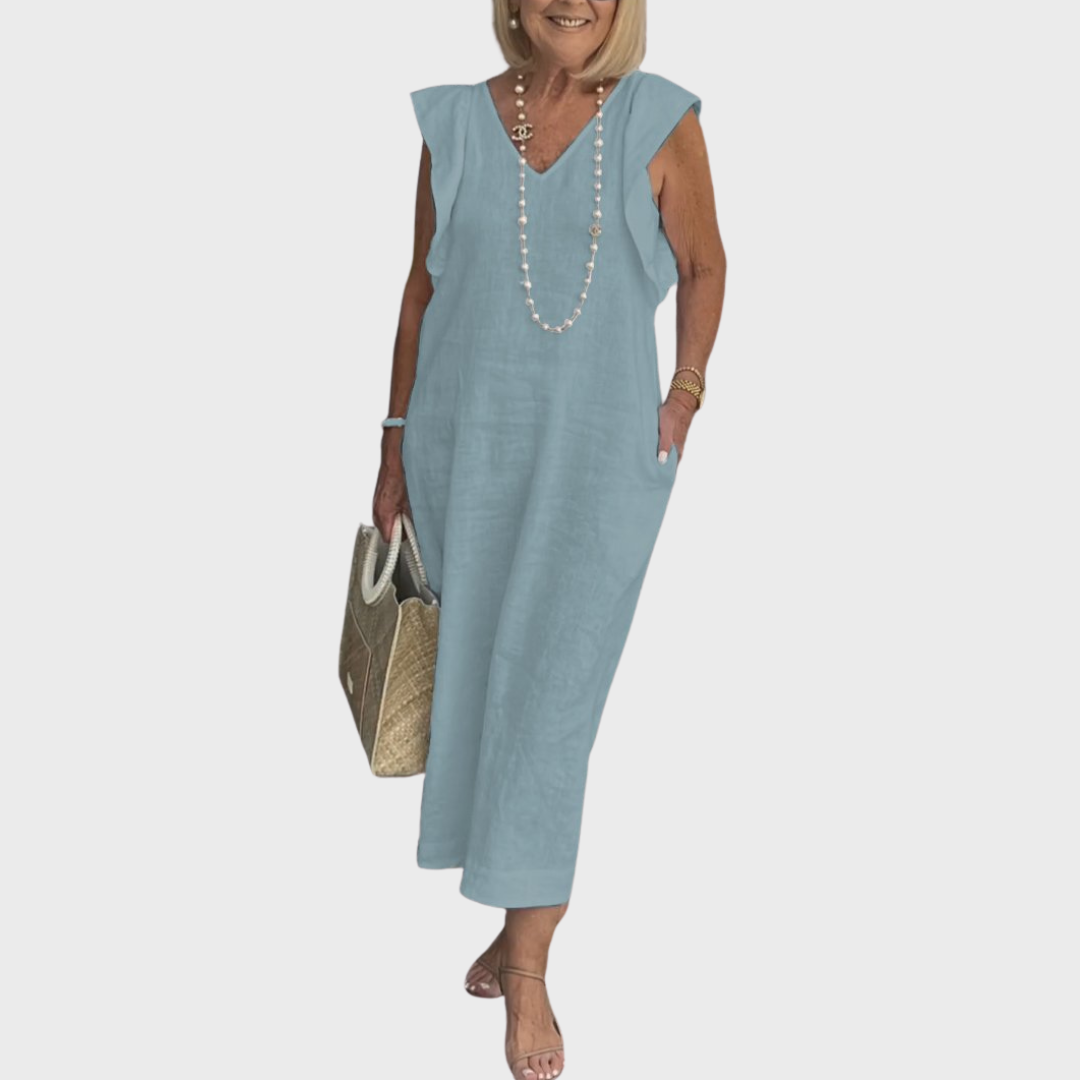 Ruffle Shoulder V Neck Pocket Sleeveless Linen Maxi Dress