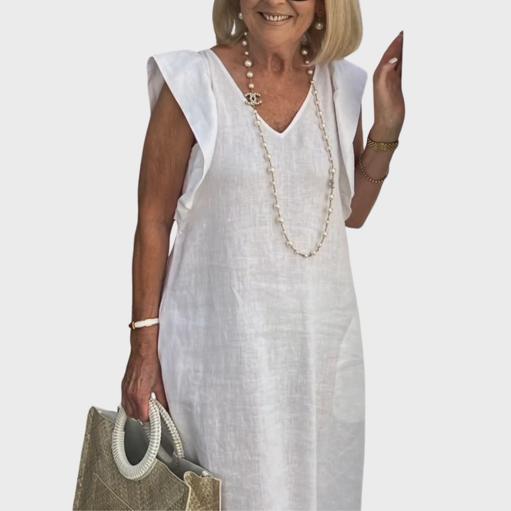 Ruffle Shoulder V Neck Pocket Sleeveless Linen Maxi Dress