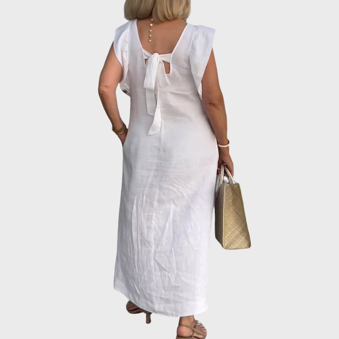 Ruffle Shoulder V Neck Pocket Sleeveless Linen Maxi Dress