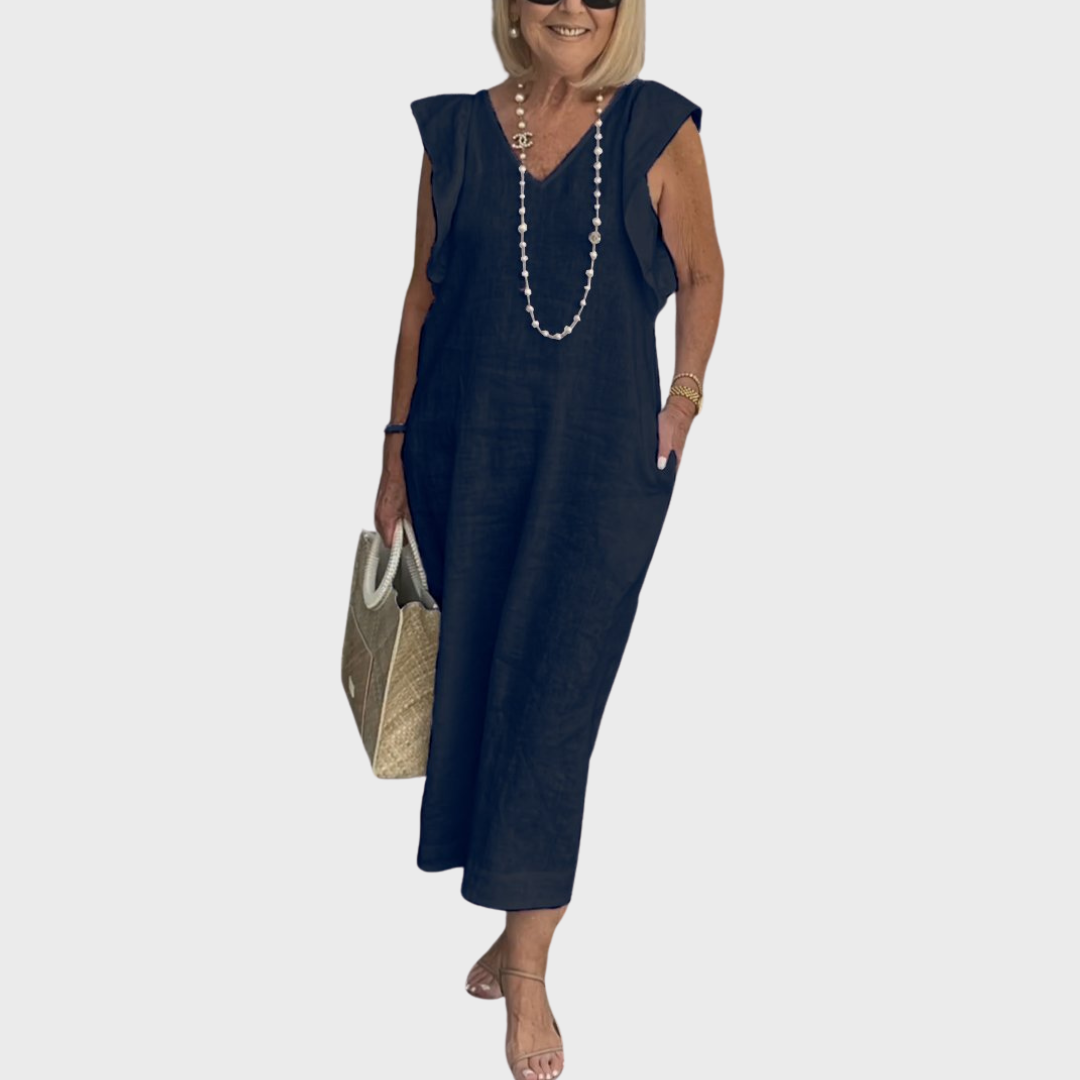 Ruffle Shoulder V Neck Pocket Sleeveless Linen Maxi Dress