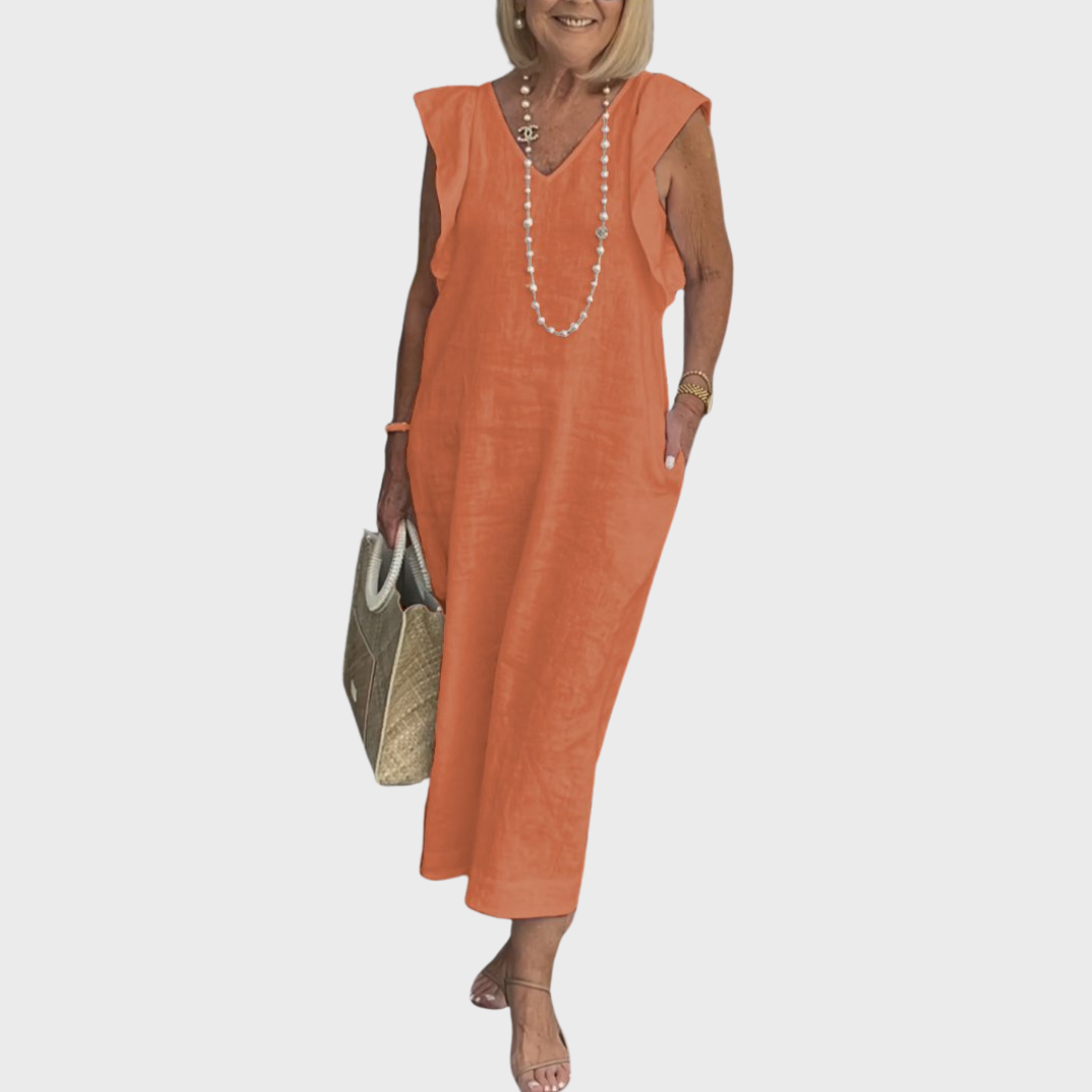 Ruffle Shoulder V Neck Pocket Sleeveless Linen Maxi Dress