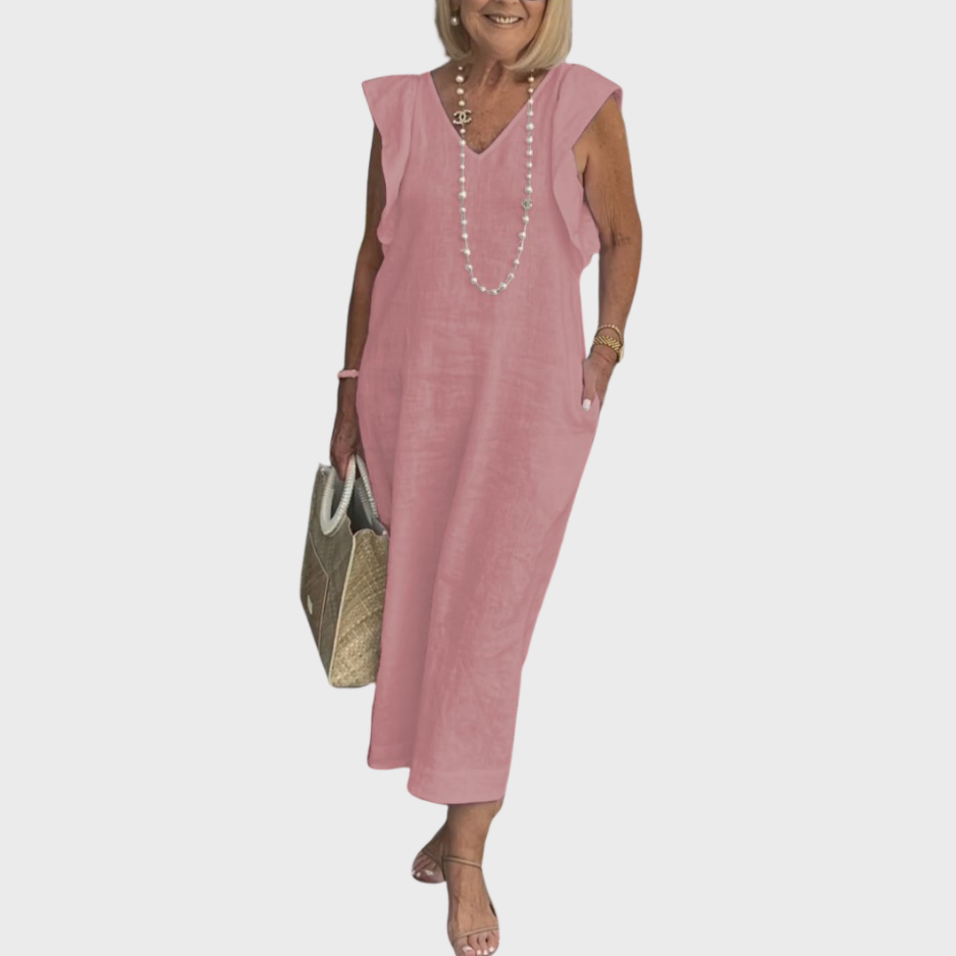 Ruffle Shoulder V Neck Pocket Sleeveless Linen Maxi Dress