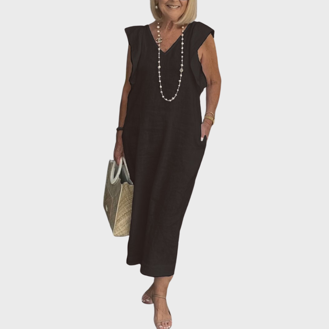 Ruffle Shoulder V Neck Pocket Sleeveless Linen Maxi Dress