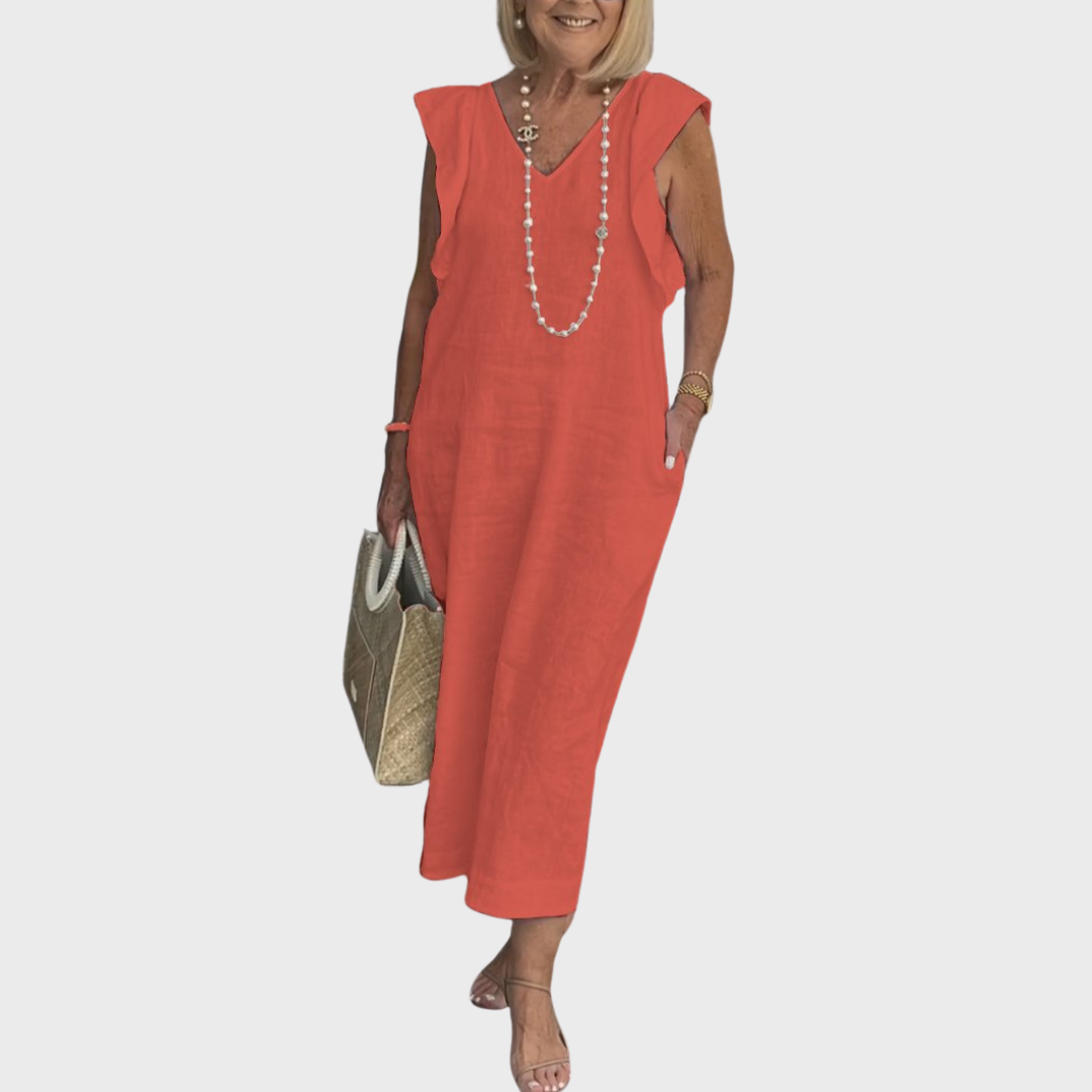 Ruffle Shoulder V Neck Pocket Sleeveless Linen Maxi Dress