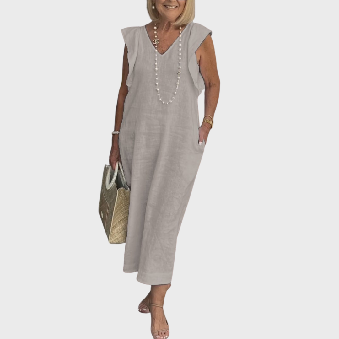 Ruffle Shoulder V Neck Pocket Sleeveless Linen Maxi Dress