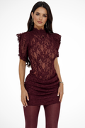 Floral Lace Mock Neck Ruffle Sleeve Ruched Bodycon Mini Dress