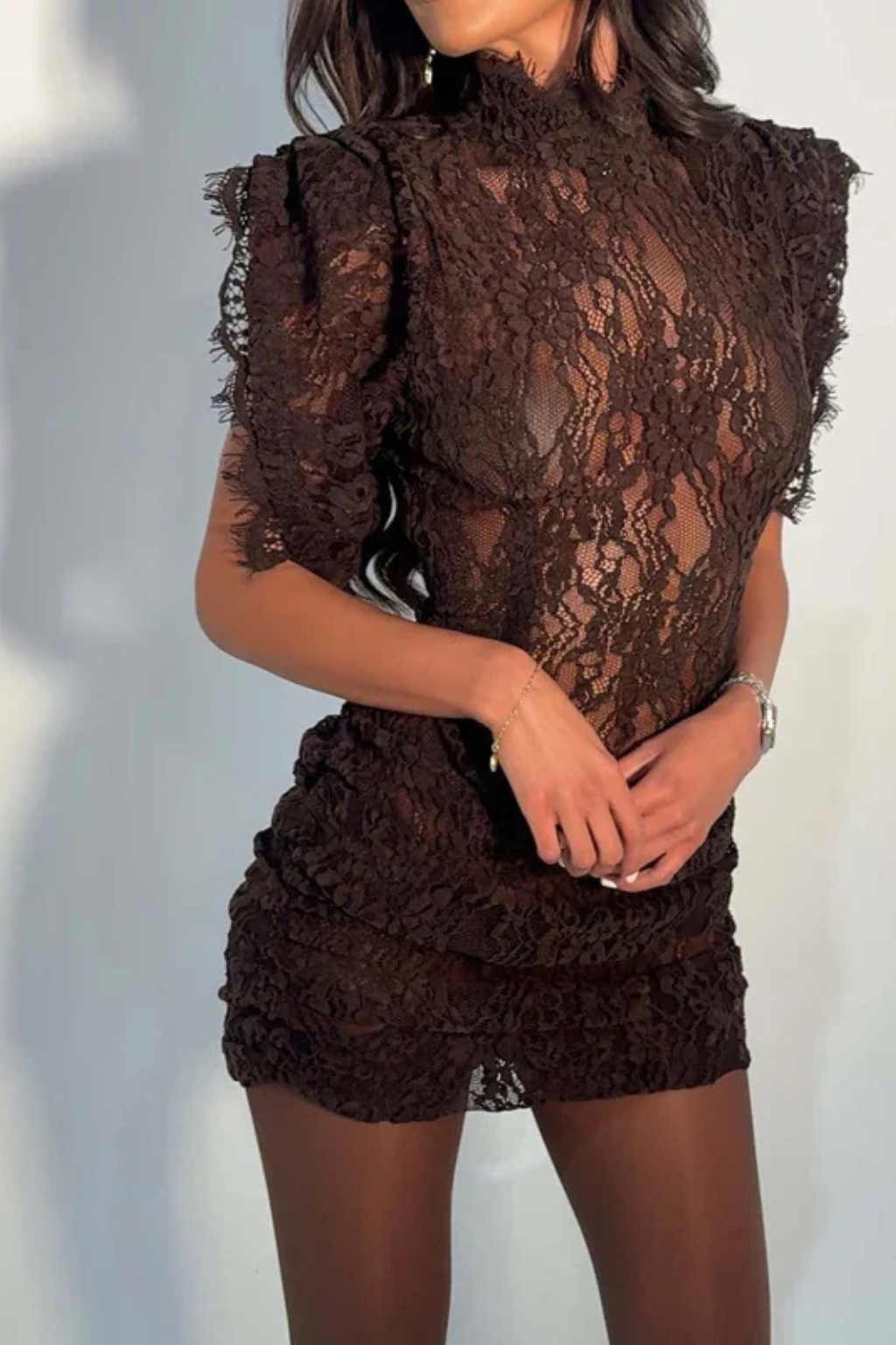 Floral Lace Mock Neck Ruffle Sleeve Ruched Bodycon Mini Dress