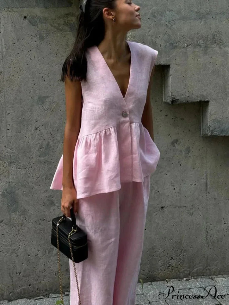 Cotton linen baggy broad office two-piece set from Hicosy