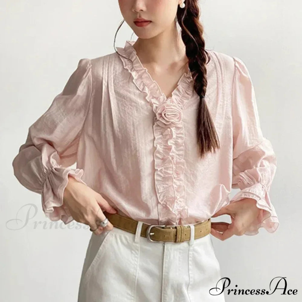 Rose Cotton Rayon Informal Extended Sleeve V-Neck Bohemian Top