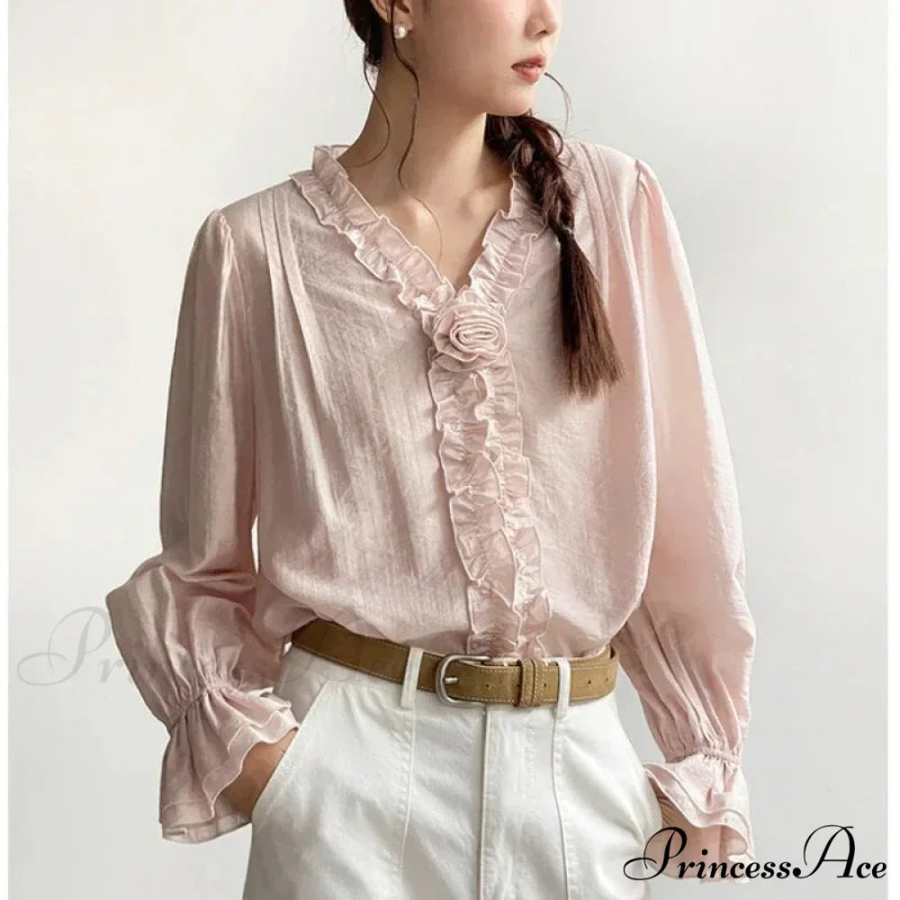 Rose Cotton Rayon Informal Extended Sleeve V-Neck Bohemian Top