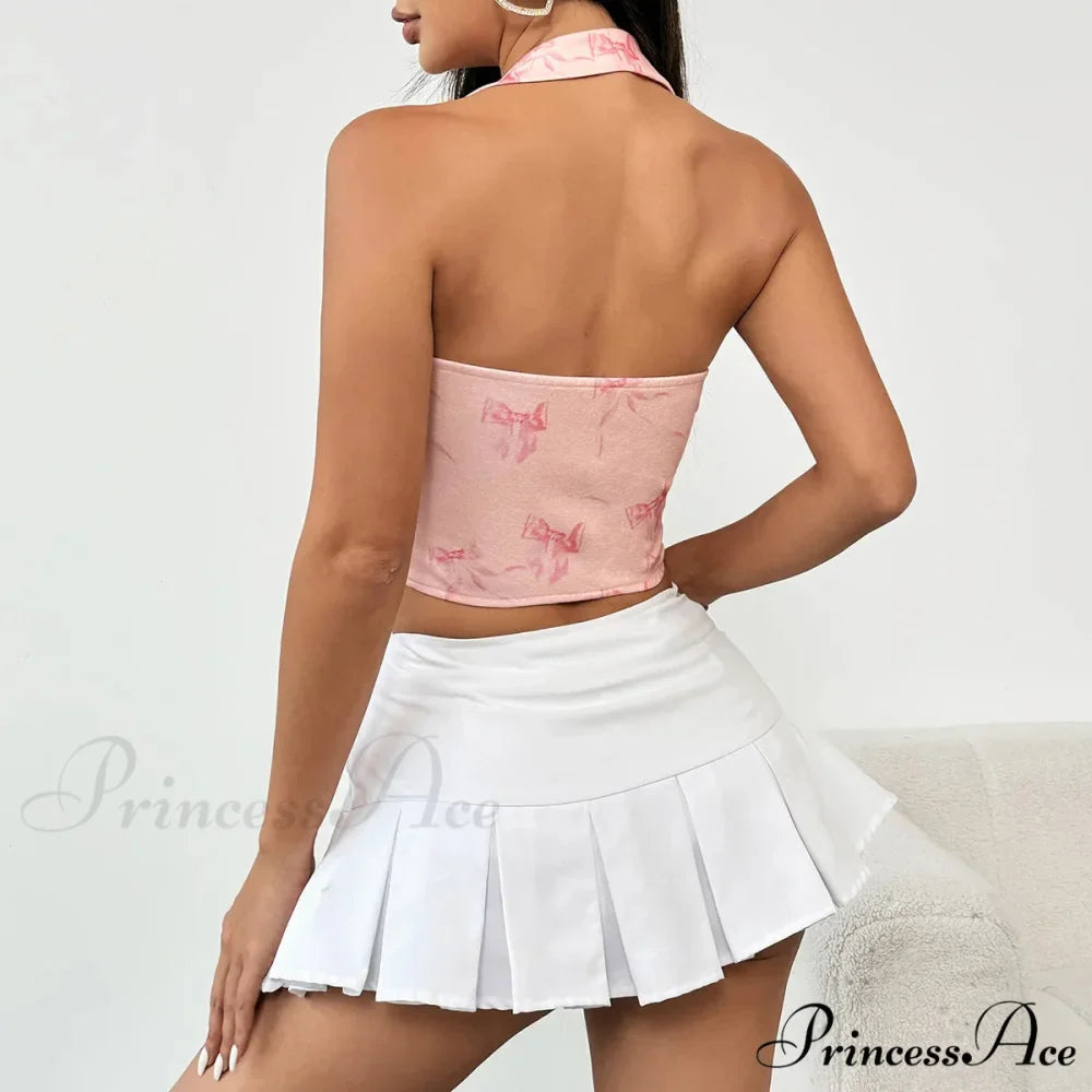 Rose Halter-neck Patterned Bandage Sleeveless Crop Top
