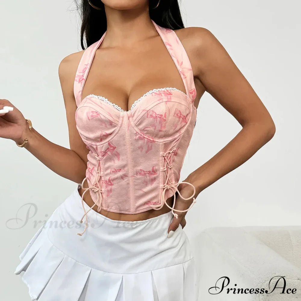 Rose Halter-neck Patterned Bandage Sleeveless Crop Top