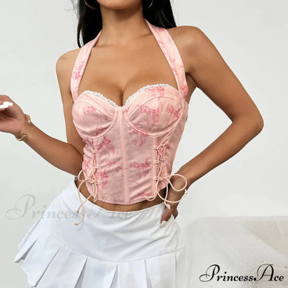 Rose Halter-neck Patterned Bandage Sleeveless Crop Top