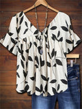 Leaf Print V Neck Ruffle Sleeve Smock Summer Blouse