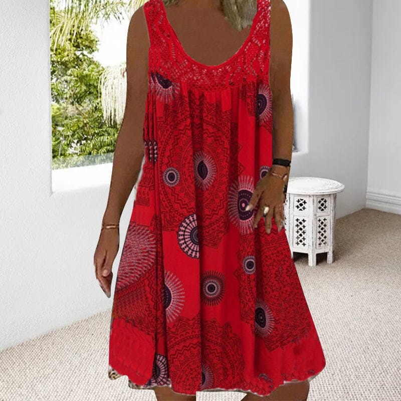 Mandala Print Lace Yoke Scoop Neck Sleeveless Boho Midi Dress