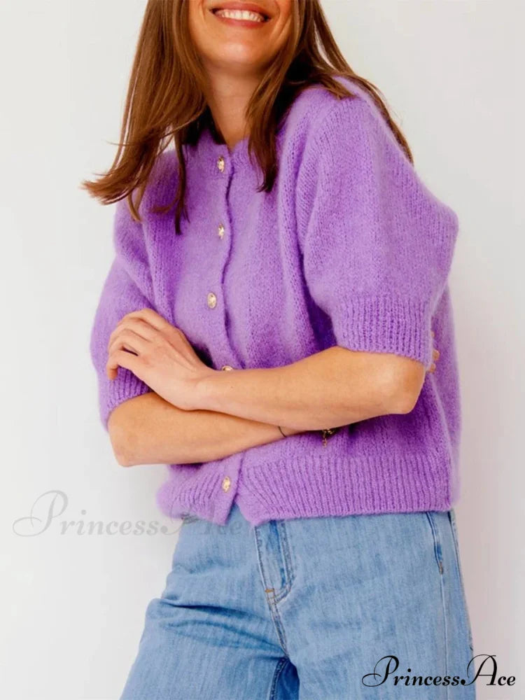 Round Neck Button-Up Slim Urban Knit Cardigan