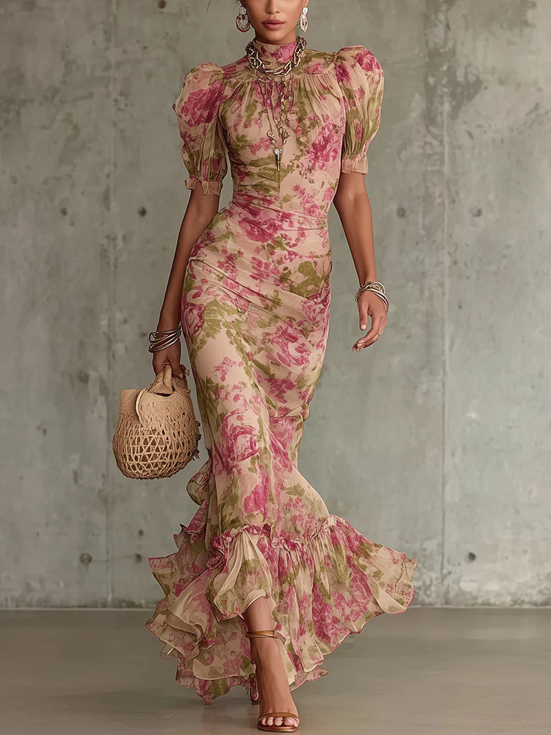 Floral Mock Neck Puff Sleeve Ruched Mermaid Maxi Dress - Wedding Guest