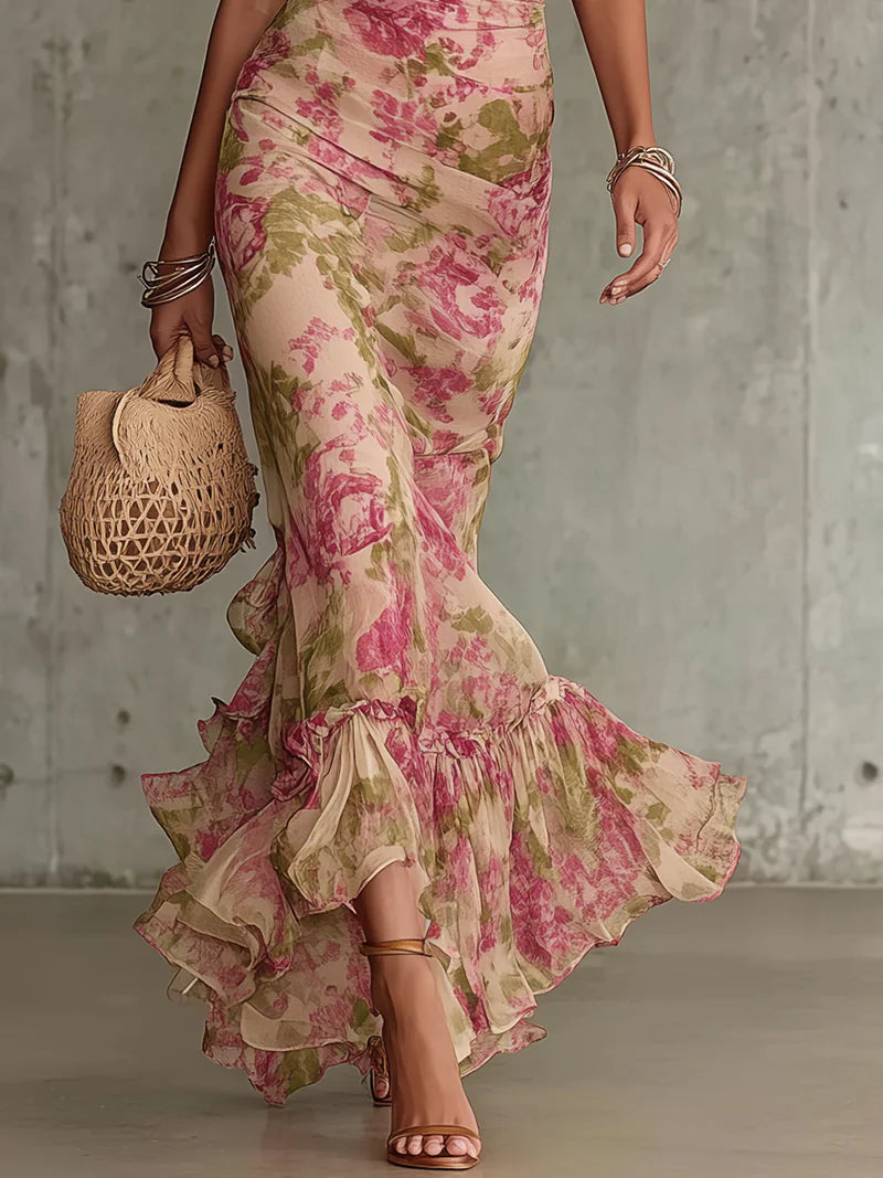 Floral Mock Neck Puff Sleeve Ruched Mermaid Maxi Dress - Wedding Guest